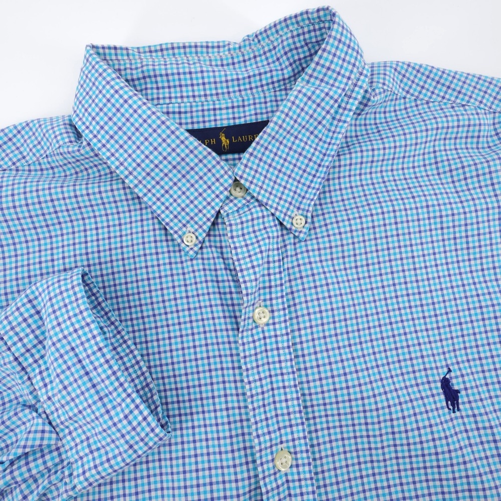 Polo Ralph Lauren Gingham Check Button Down Shirt Blue Long Sleeve Mens XL